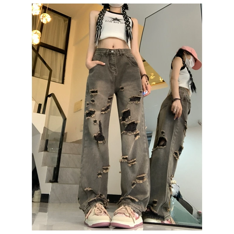 

Women Vintage Grey Jeans Worn-out High Waisted Y2K Bottoms American Wide Leg Pants Fashion Straight 2023 Summer Female Trouser