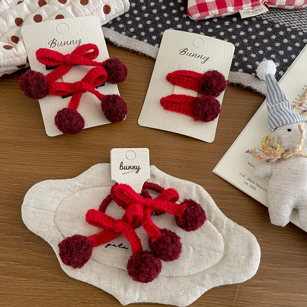 Kids Hair Clips Hair Ties Handmade Crochet Yarn Red Bow Sweet Pompom Headwear Accessories Lightweight Small Party