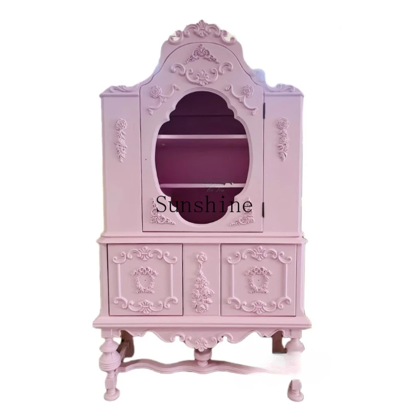 

French retro carved solid wood home display bookcase dining side living room display