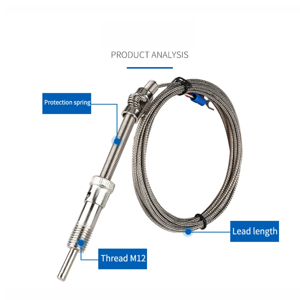 WRNT-201 M12 Type K/E/ PT100 Compression Spring Shielded Wire Thermocouple Temperature Sensor 1-10m for Temperature Controller
