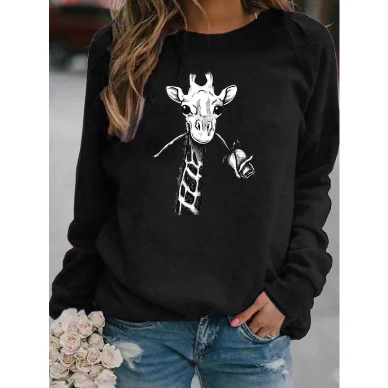 Women's Fashion Giraffe Print Round Neck Hoodie Sweatshirt  Sweatshirts  Aesthetic  Harajuku  Streetwear Women