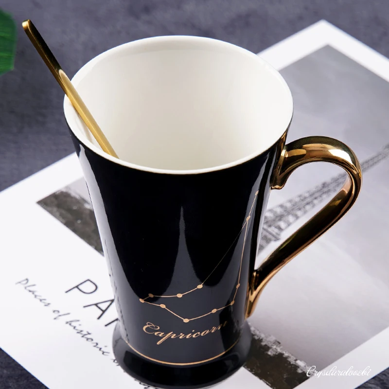 12 Constellations mugs White And Gold Bone China Porcelain Coffee Milk Mug With Stainless Steel Spoon Zodiac ceramic cup