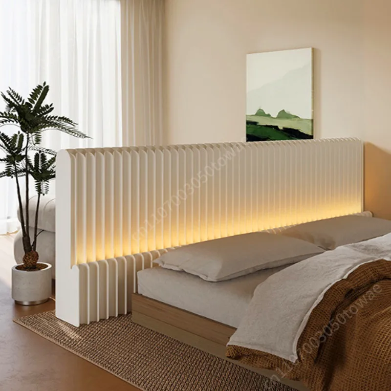 Vertical Fluted Headboard Panel with LED Strip Light, Creamy White Upholstered Wall Panel, Modern Minimalist Bed Backdrop