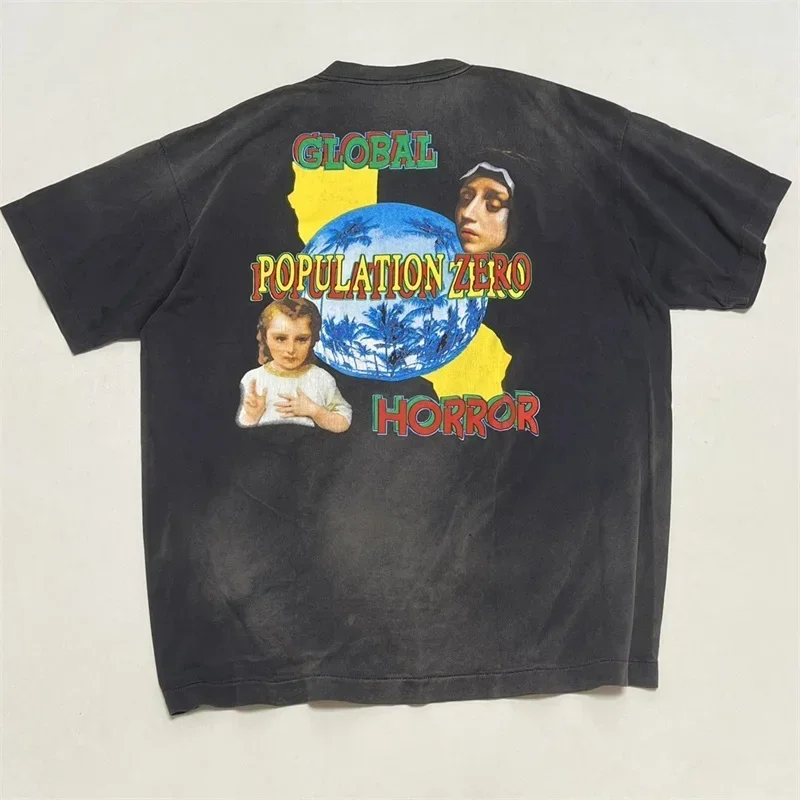 

25SS Jesus Print SAINT MICHAEL Short Sleeves Men Women 1:1 Best Quality Washed Black Oversized Tops Tee T-shirt