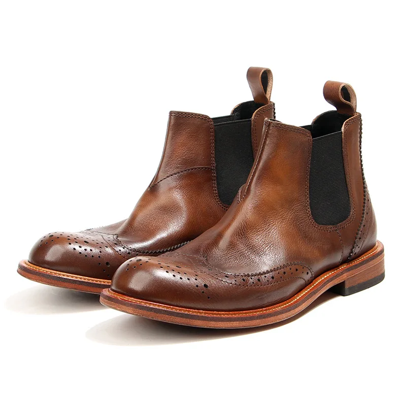 New Handmade Men Vintage British Ankle Boots Autumn Spring Tooling Real Leather Shoes Business Wedding Chelsea Boots Brogue