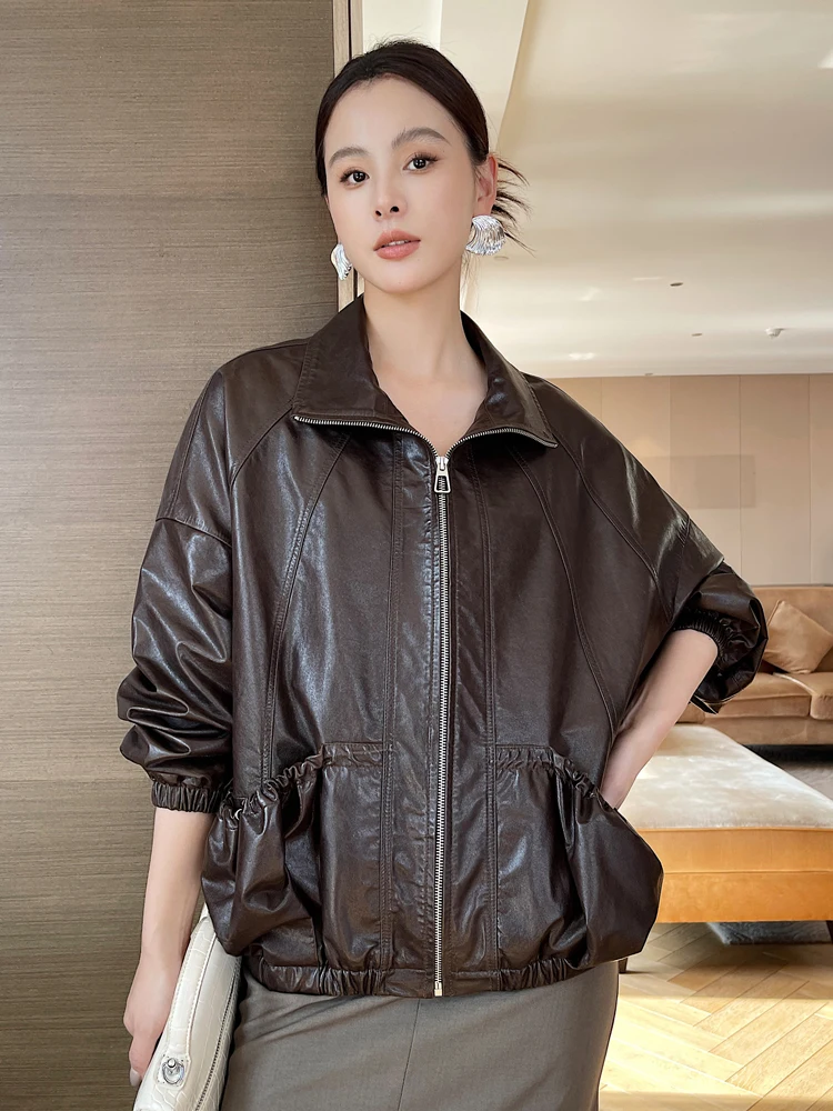 

Casual Oversize Genuine Leather Jacket for Women Spring Autumn 2026 New High-end Simple Stand Collar Oil Wax Real Sheepskin Coat
