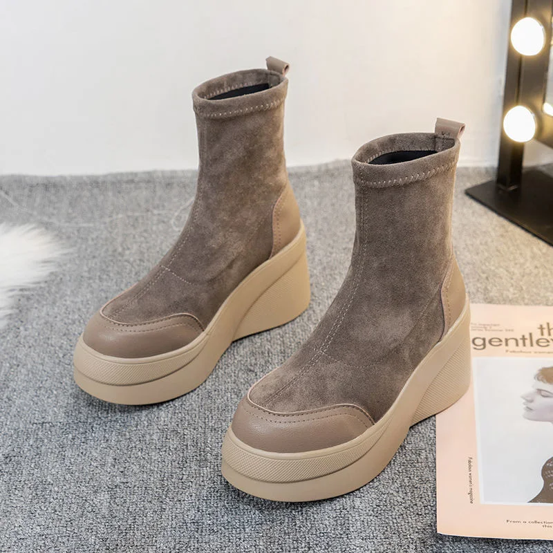 Autumn Spring Women Shoes Woman Platform Boots Fashion Round Toe Ankle Boots 2023 Winter Elastic Black Wedge Comfortable Botas