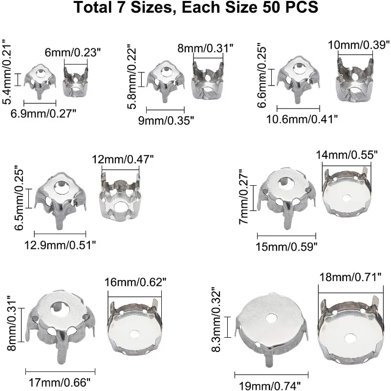 7 Rozmiarów 350 sztuk Ustawienia pazurów ze stali nierdzewnej Płaski okrągły pusty zestaw pazurów do wisiorków z kryształu górskiego Biżuteria z