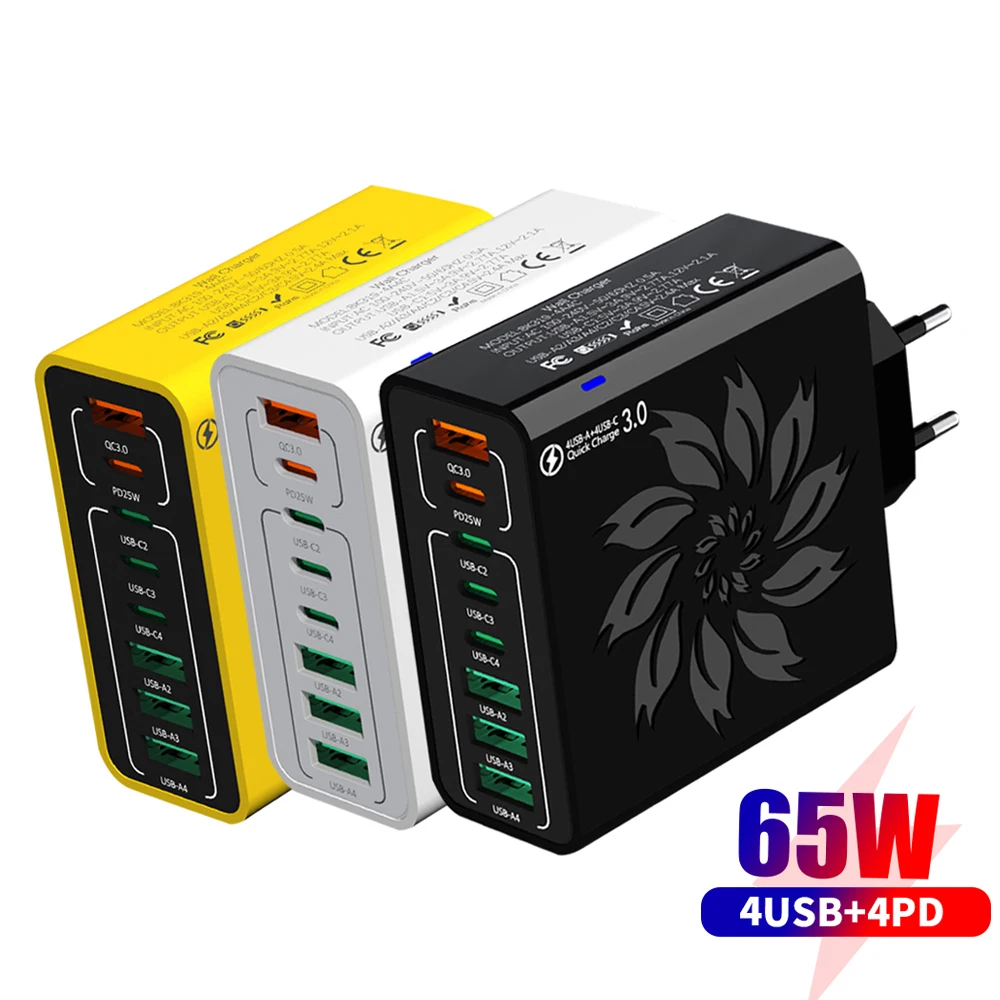 65W 8 Ports USB QC Charger Fast Charging EU/US/KR Plug Quick Charge Power Adapter For iPhone 16 Xiaomi Samsung Travel Charger