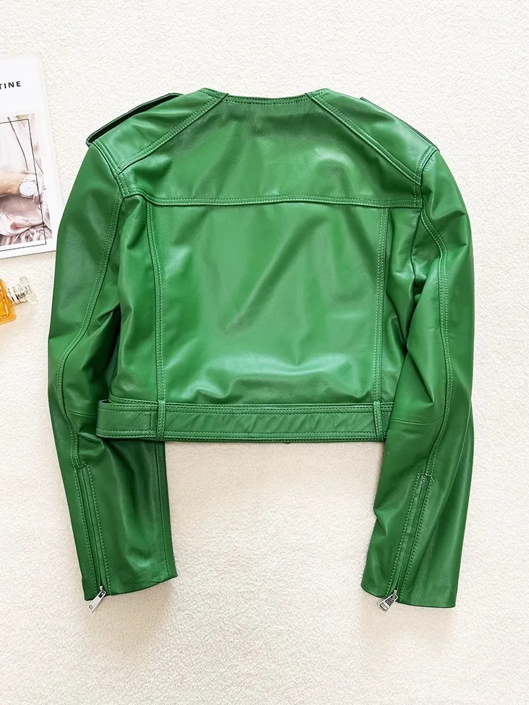 Giacca da moto da donna in vera pelle o-collo moda manica lunga punk streetwear nuova zip slim fit cappotto corto in pelle di pecora femminile