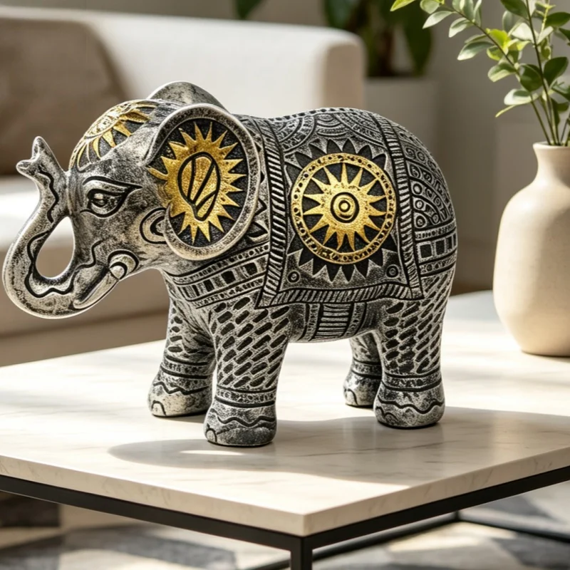 Boho Sun Pattern Elephant Statue, Resin Decorative Figurine, Silver Gold Accent, Tribal Style Home Decor