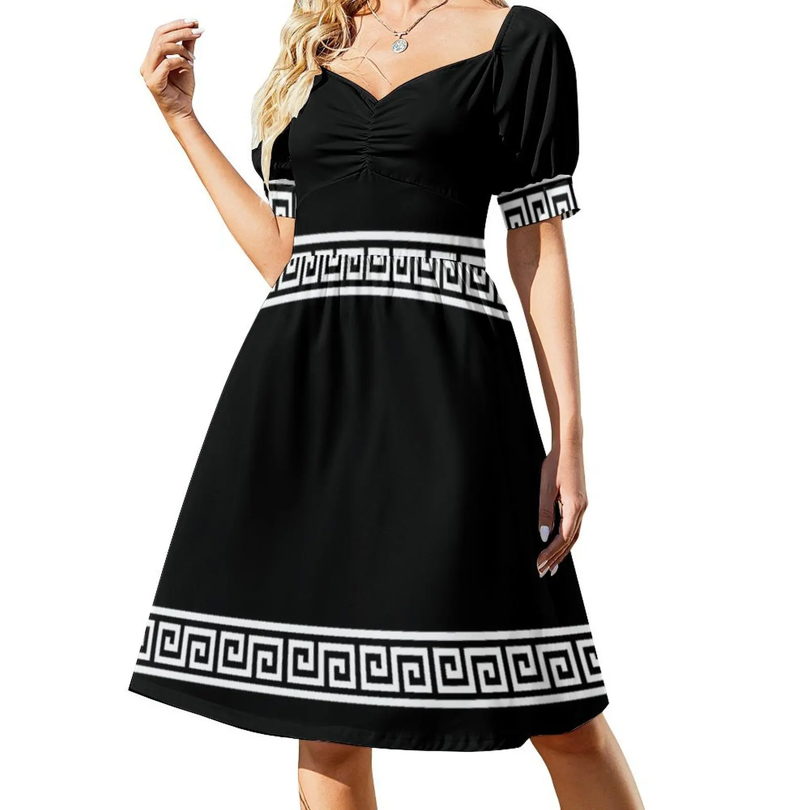 فستان بوهيمي عتيق بنمط هندسي يوناني بأكمام منتفخة أو خيارات بدون أكمام للنساء فستان نمط هندسي فريز يوناني #2