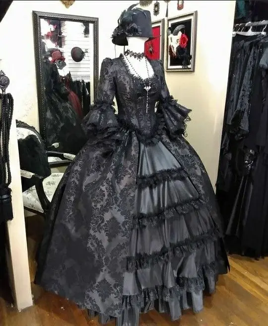 Victorian Dark Queen Costume Black Dress Gothic Steampunk Vampire Bridal Wedding Dress Set Vintage Gothic Fantasy Dress Custom