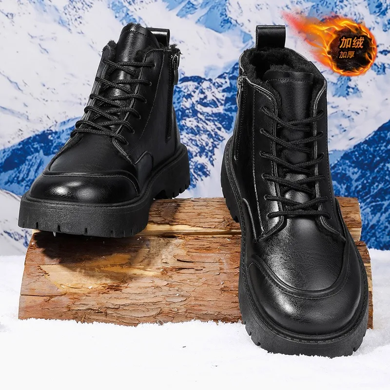Winter High Top Warm Men's Leather Boots Black Velvet Anti Slip  Ankle Boots Thick Soled Wear-resistant Short Boots