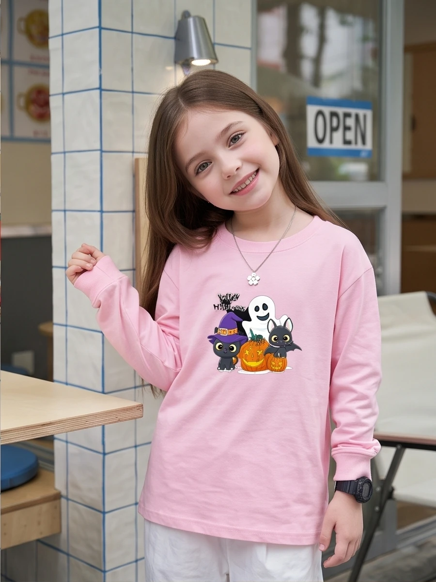 Happy Halloween Cartoon Ghost Pumpkin Cat Print Girls Basic Long Sleeve T Shirt Pure Cotton Print Loose Kids Tops 3-14 years