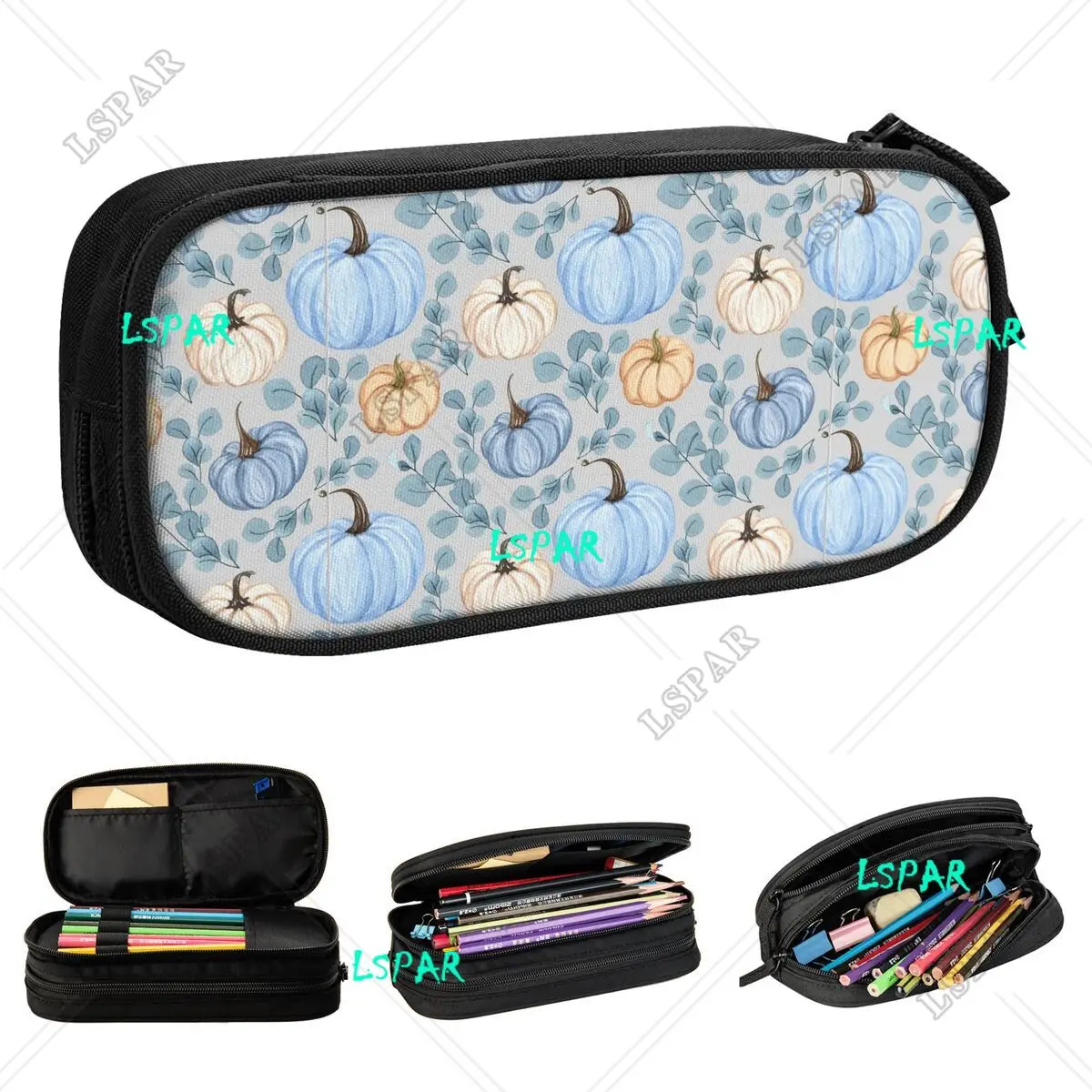 Blue And White Pumpkin Fall Pattern Pencil Cases Pen Box Bag for Student Big Capacity School Supplies Zipper Pencil Box