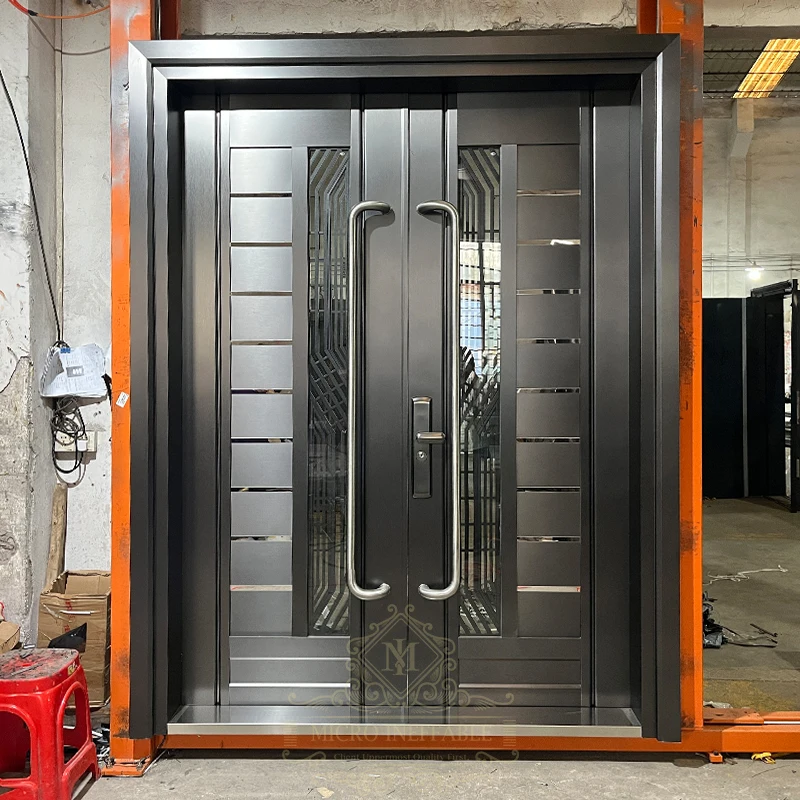 Hot Sale Customized Hurricane Proof Stainless Steel Security Front Entry Double Doors For Houses