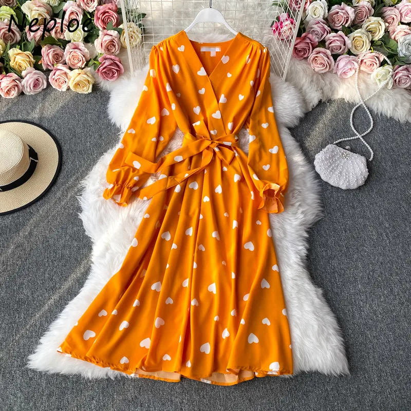 Neploe 2024 Autumn Fashion Slim Waist V-neck Dresses Panelled Print Big Swing Long Dress  Cross Lace Up Petal Sleeve Vestidos