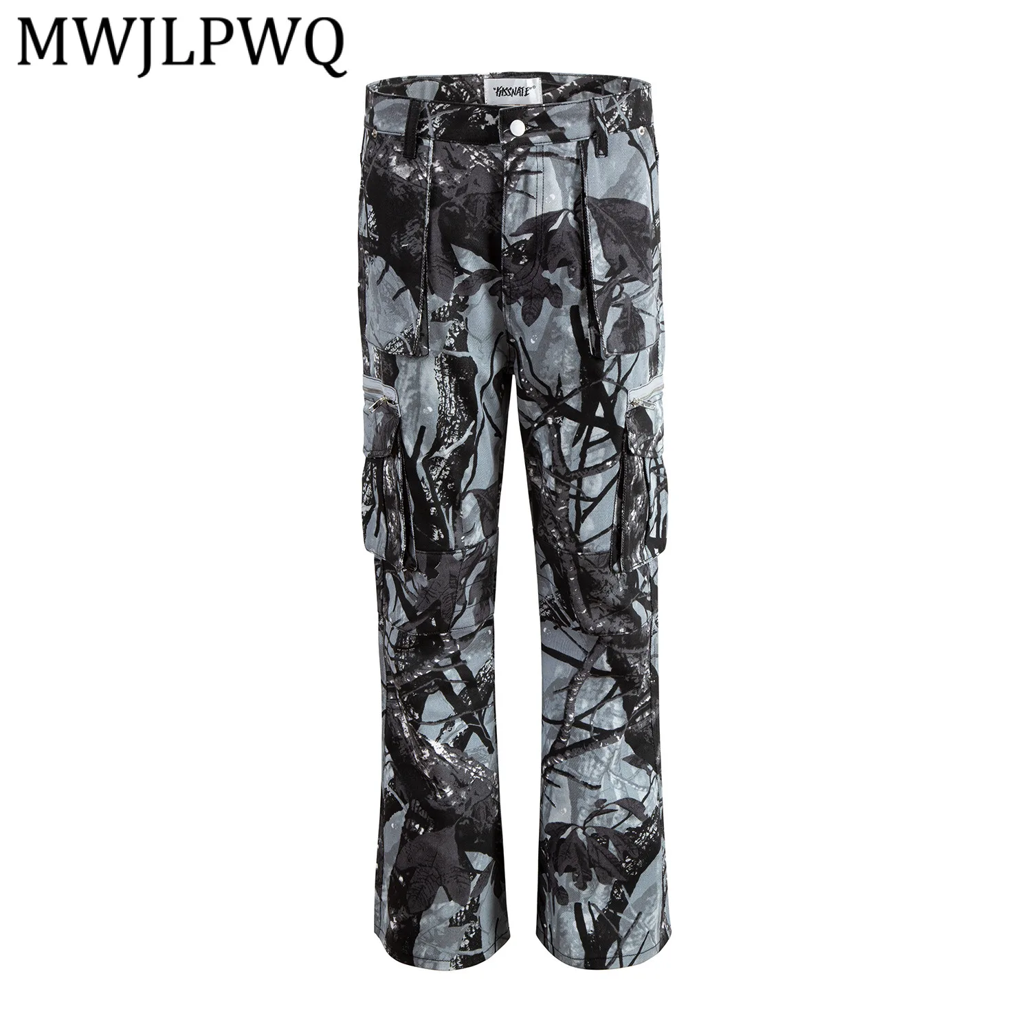 

MWJLPWQ New Leaf Camouflage Zipper Workwear Washed Unisex American High Street Spring Autumn VIBE Slightly Flared Trousers 13952