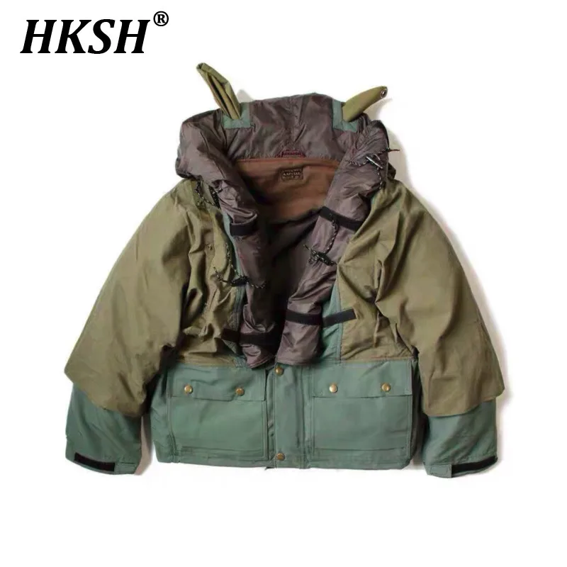 HKSH Autumn Winter Men's Tide Punk Hip Hop Japan Style Trend Loose Fitting Nylon Stitched Cotton Hooded Jacket Chic Coats HK2988