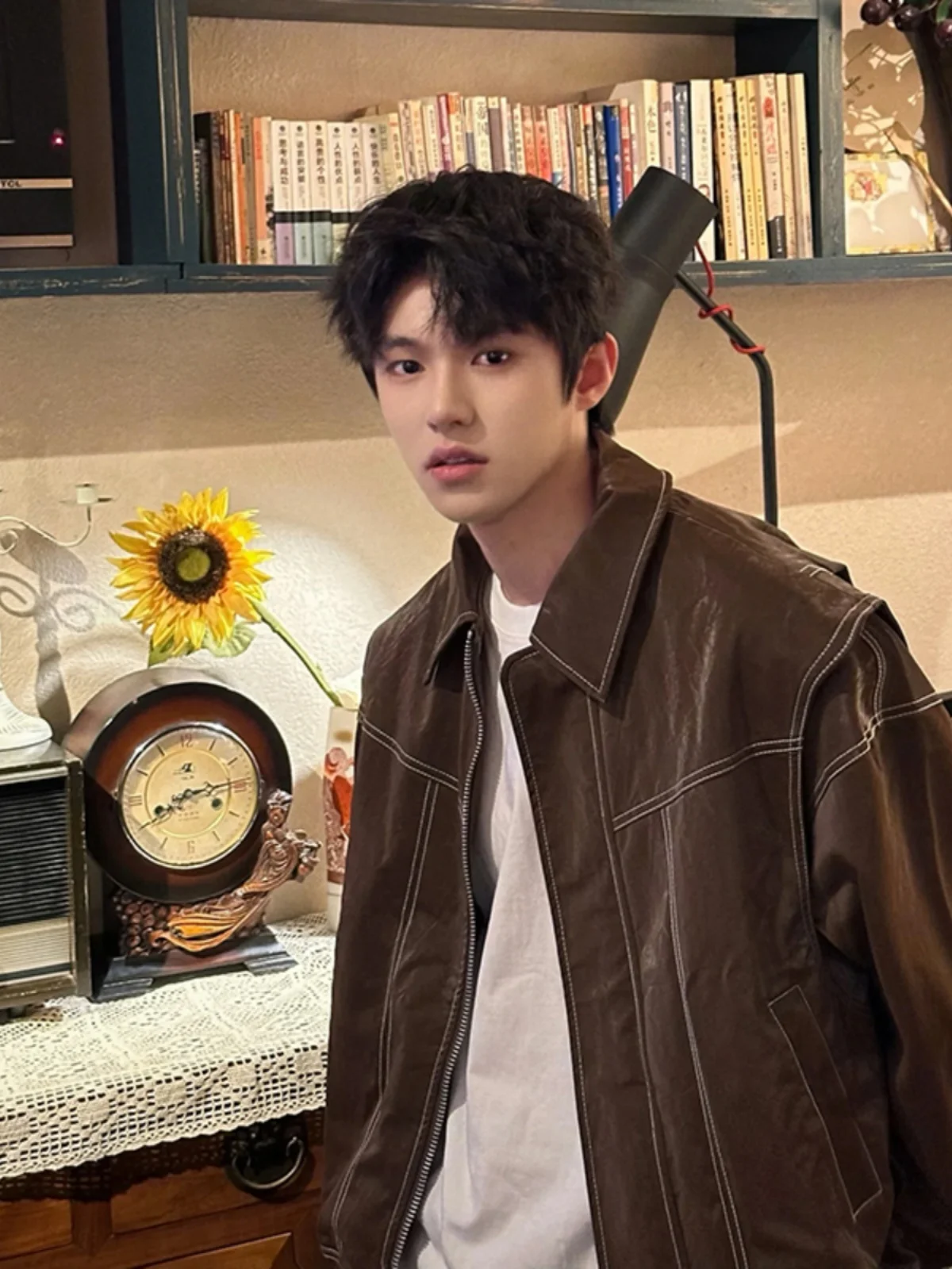 

Browny Merlot Leather Jaet Men's Spring Autumn Editorial Sewn Line Fake Two-Piece Motorcycle Sle Cool And Haome High-E...