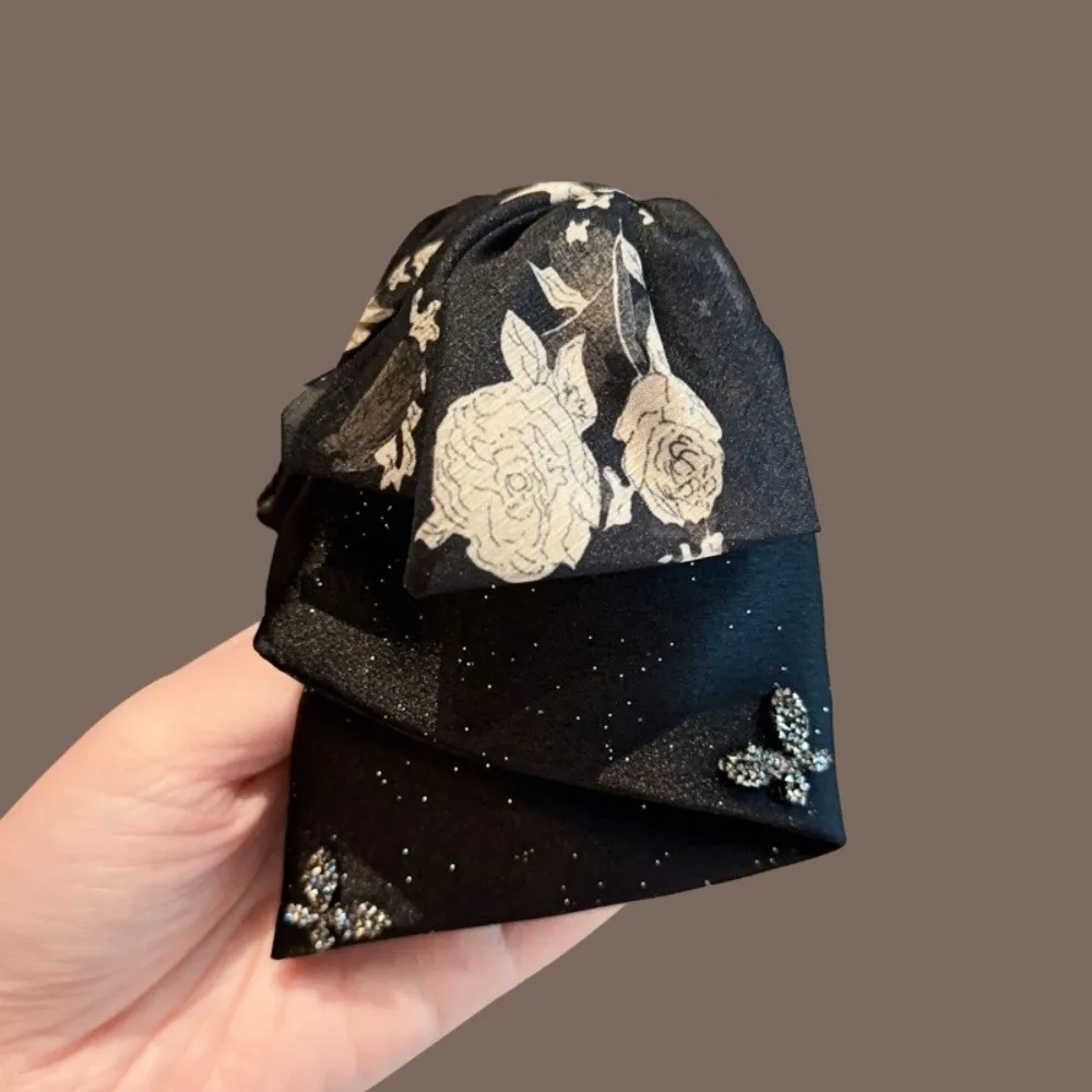 

Заколка-краб для волос с черными бусинами и бантом, элегантная, во французском стиле, с блестящими стразами, тканевая, женская, с пайетками, подарки