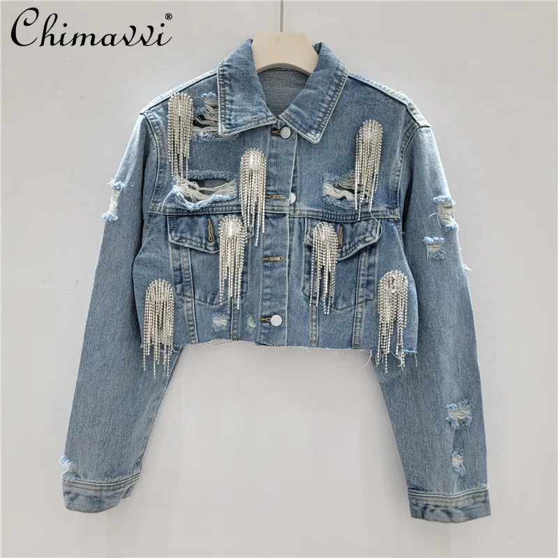 Primavera y novedad de verano, ropa de calle corta de manga larga con flecos, chaqueta vaquera perforada, Falda corta, conjunto de falda de moda de 2 piezas para mujer