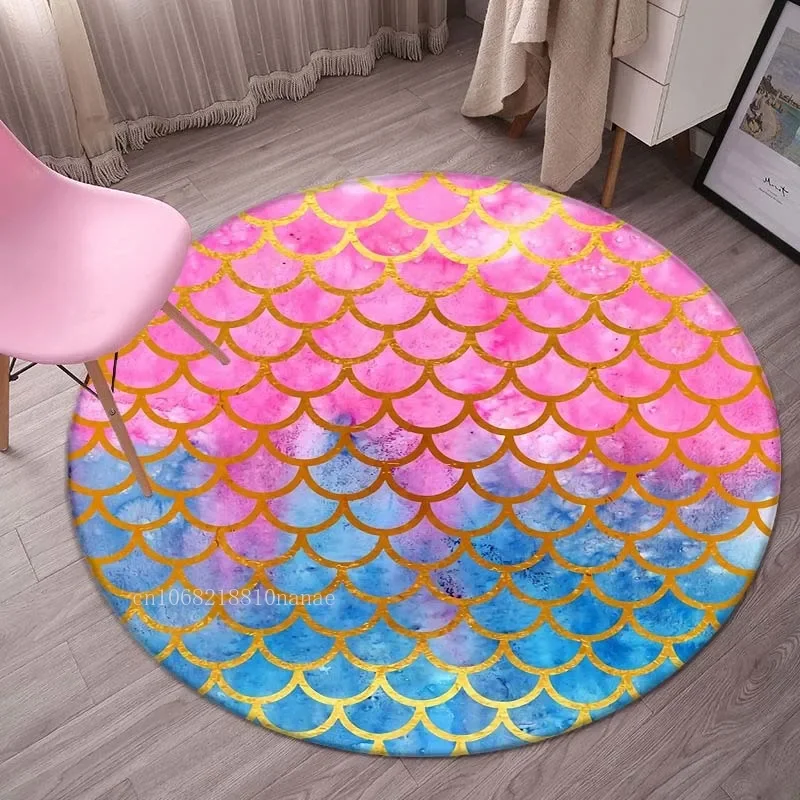 Mermaid Tail Cartoon Carpet Colorful Fish Scale Round Rug Home Decor Children Kids Gift Circle Rug Bedroom Area Play Rug