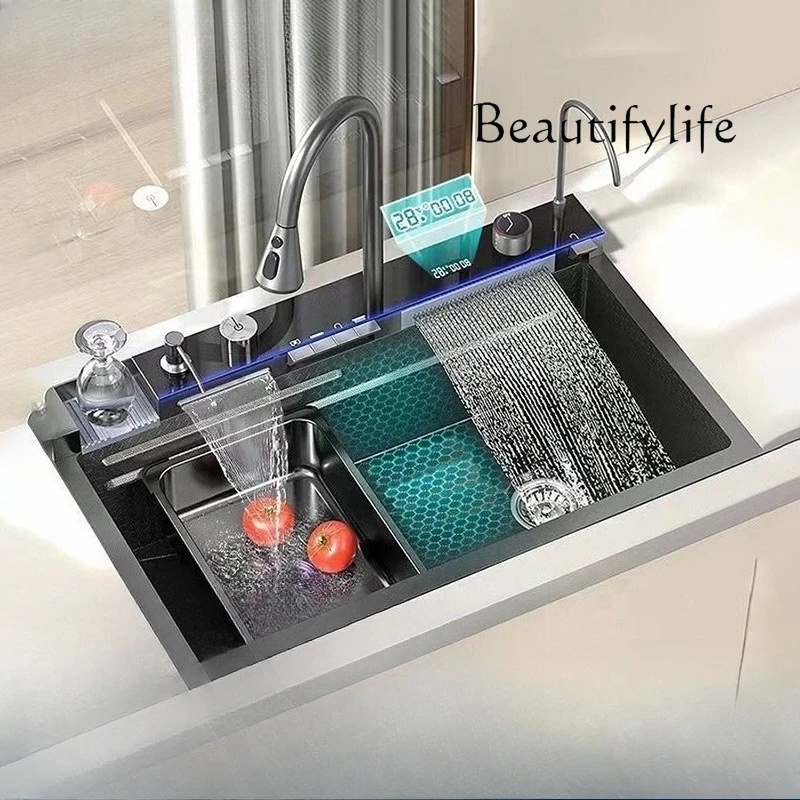 Piano Digital Display Kitchen Sink Large Single Sink Waterfall Nano Honeycomb Dishwashing Basin 304 Stainless Steel Household