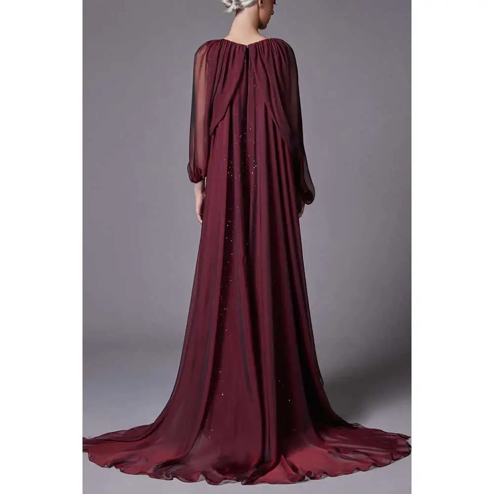 YUMDI Luxury Gubai Burgundy Sequin Evening Gown 2024 Saudi Bride Wedding Mom Outfit Formal Guest Chiffon Smock Sleeve Party Gown