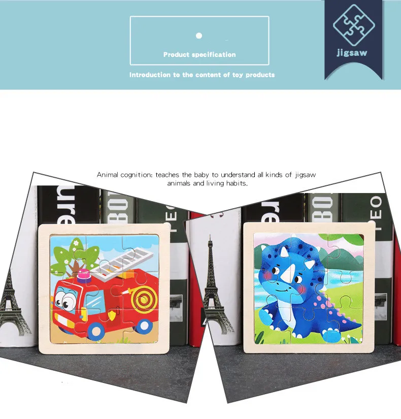 Heißer Verkauf 11X11CM Kinder Holz Puzzle Baby Cartoon Tier Verkehrs Tangram Holz Puzzle Pädagogisches Puzzle Spielzeug Für kinder Geschenke – Detail 4