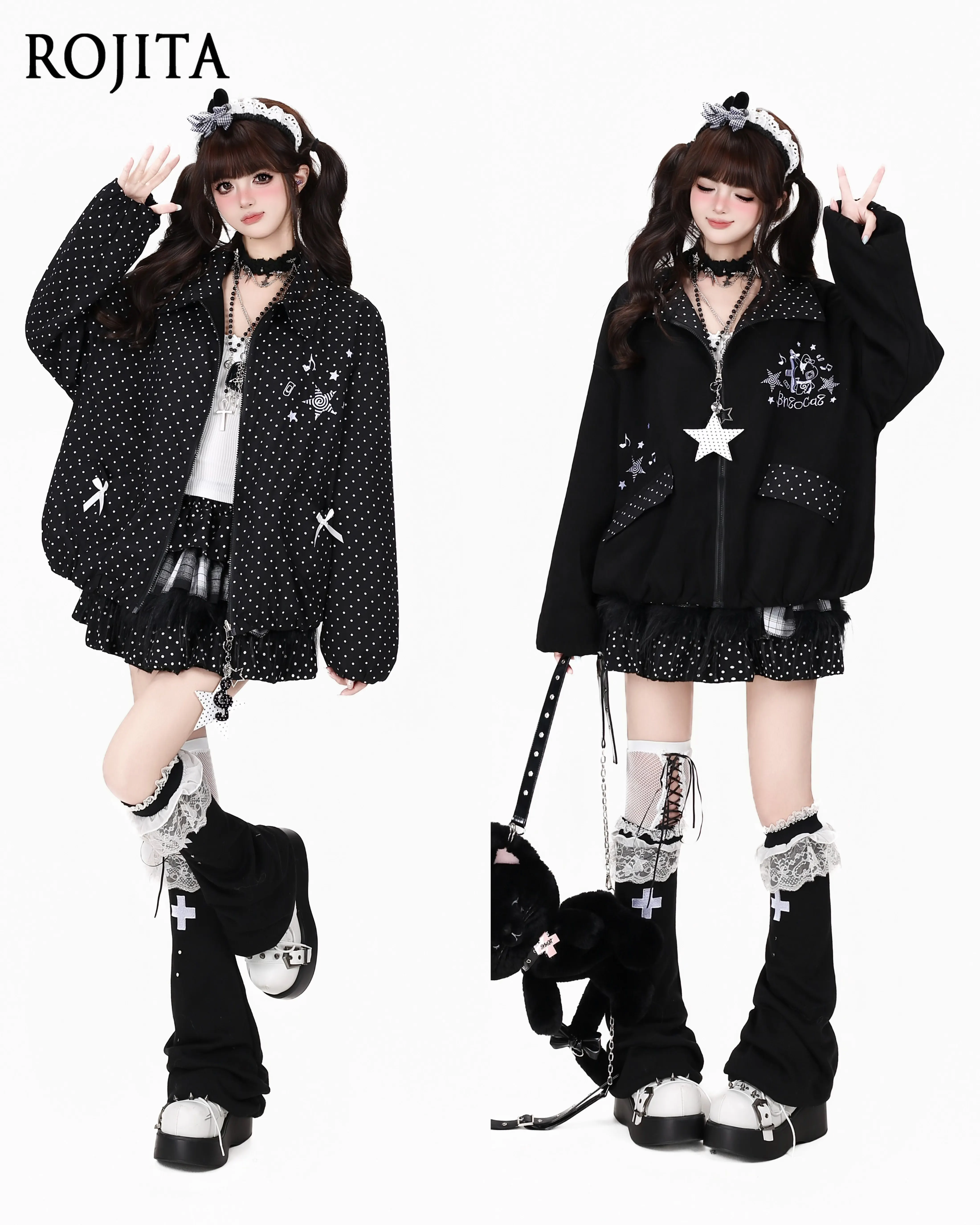 Sweet and Cool Black and White Front and Back Two Wear Polka Dot Lapel Design Loose Casual Jacket Autumn New Jacket Women