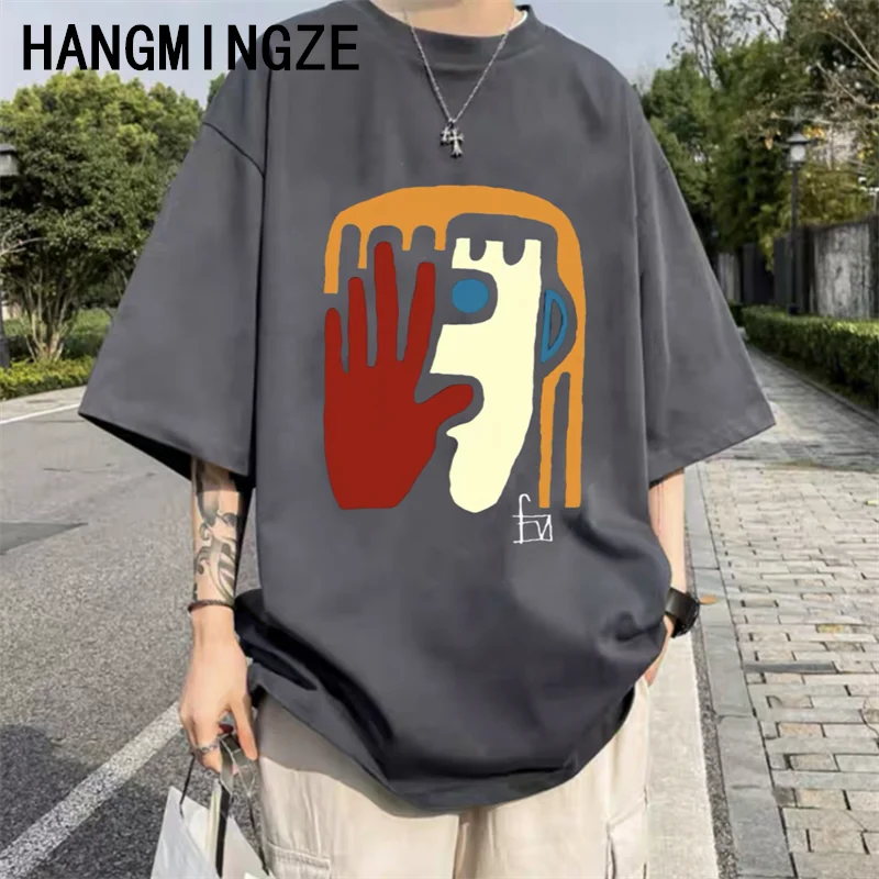 Funny Painted Art Print Round Neck Drop Shoulder Short Sleeve Cotton T-shirt Abstract Genderless Hip Hop High Street Hiphop