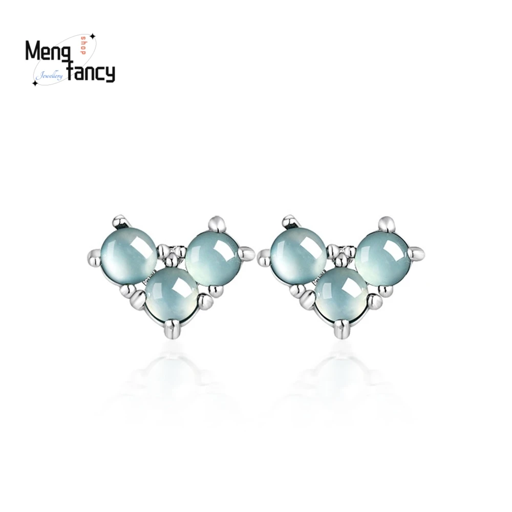 

S925 Silver Setting With Natural A-Grade Blue Water Ice-Colored Jadeite Heart-Shaped Earrings Luxury Quality Fashion Jewelry
