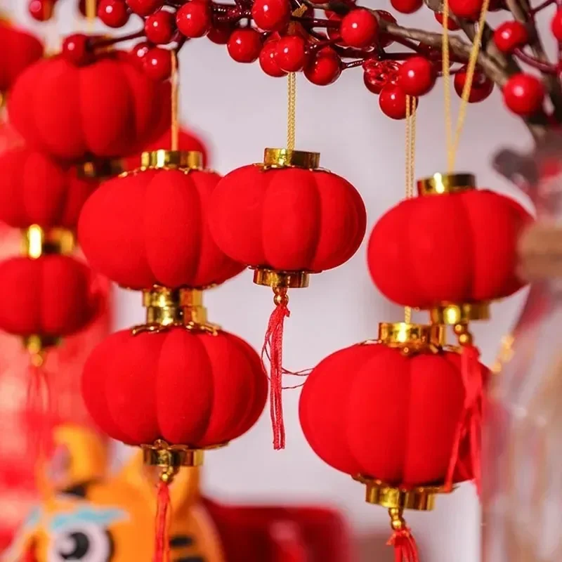 30pcs Mini Chinese Lantern Flocking Small Red Lanterns DIY Spring Festival Wedding New Year Decorations Scene Layout Supplies