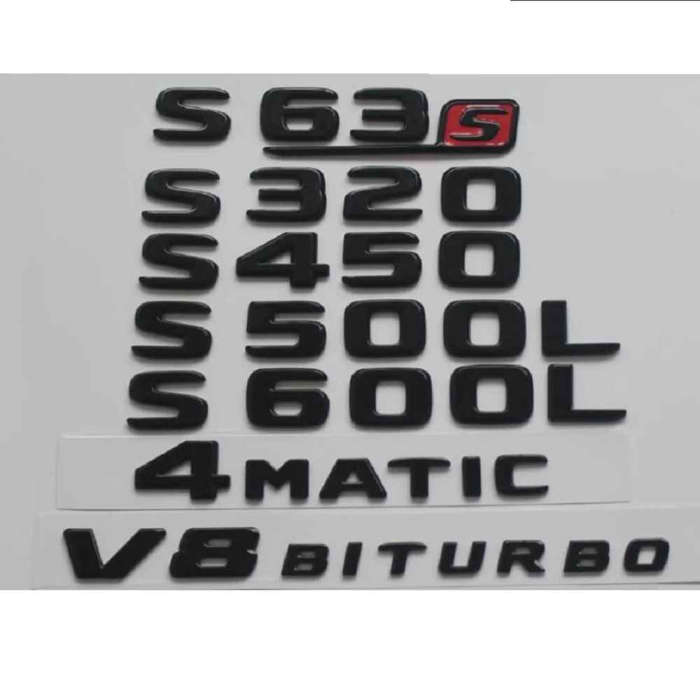 Emblemas com Letras e Símbolos Pretos Brilhantes S55 S63 S63s S320 S350 S400 S450 S550 S600 S350L S400L S500L S550L S600L 4MATIC S650 S680
