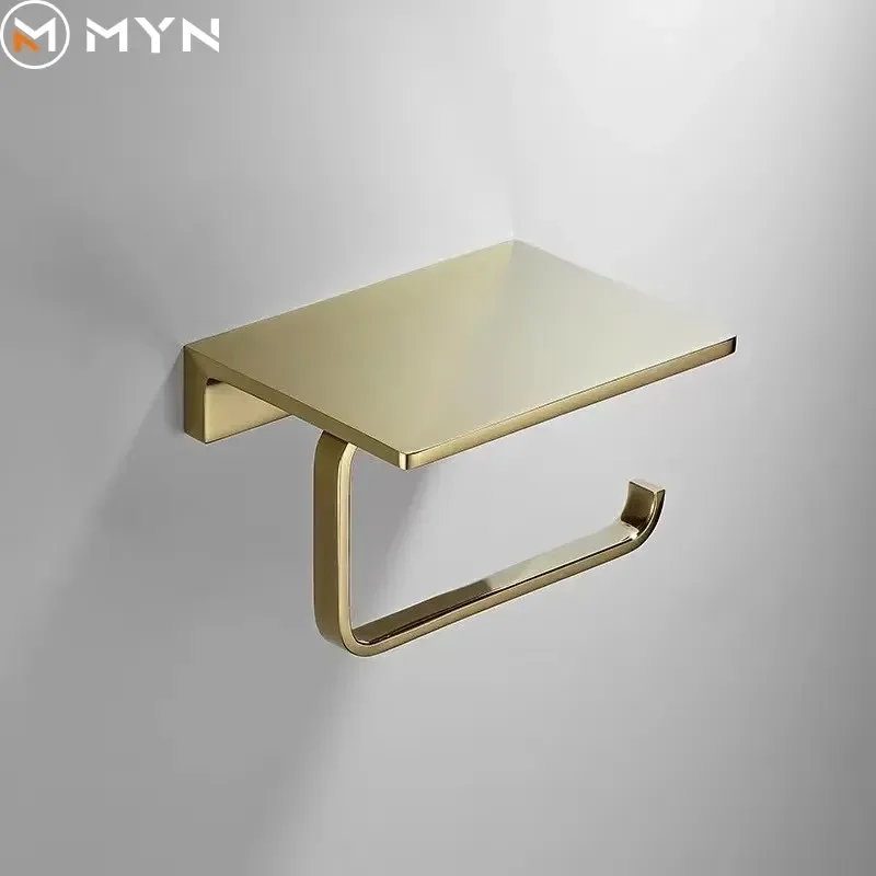 Gold Finished Solid Brass Toilet Paper Holder with Mobile Phone Storage Shelf Premium Hotel Style Bathroom Tissue Roll Stand