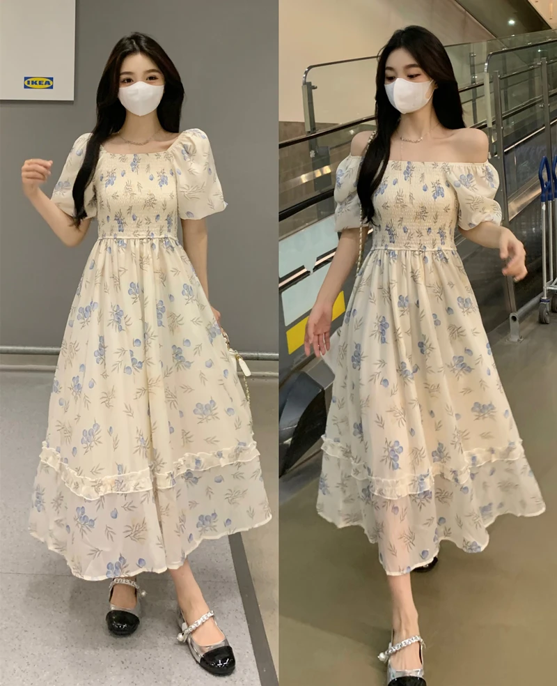 Plus Size French Style Floral Chiffon Dress Women's Summer Fat Sister Waist Slimming Gentle