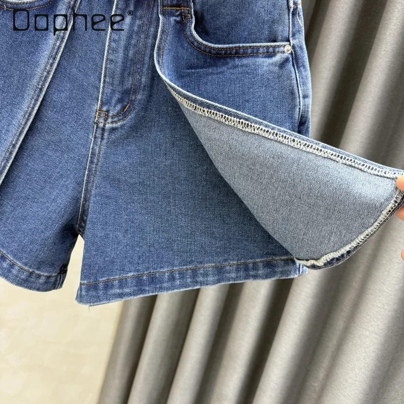 2025 Summer New Retro High-waisted Denim Shorts Women Fashion Solid Color Versatile Loose Wide-leg Pants Casual Jeans Pants