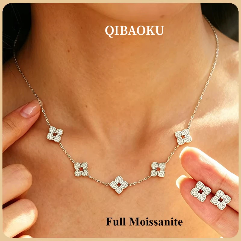 QIBAOKU Clover Shape 1mm Moissanite Chain Necklace for Women S925 Silver Dainty Fine Lab Diamond Pendant Earrings Set Gifts 2026