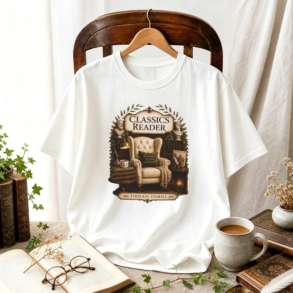 Classics Reader Vintage Book Lover Graphic T Shirt Dark Academia Armchair Reading Art Print Unisex Casual Cotton Bookworm Tees