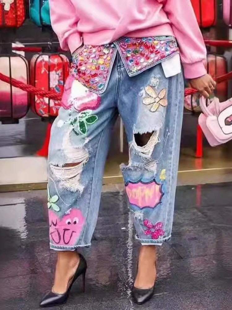 Chic Women Spring Floral Embroidery Diamonds Beaded Holes Denim Pants High Waist Loose Rhinestones Jeans Cowboy Broken Trousers