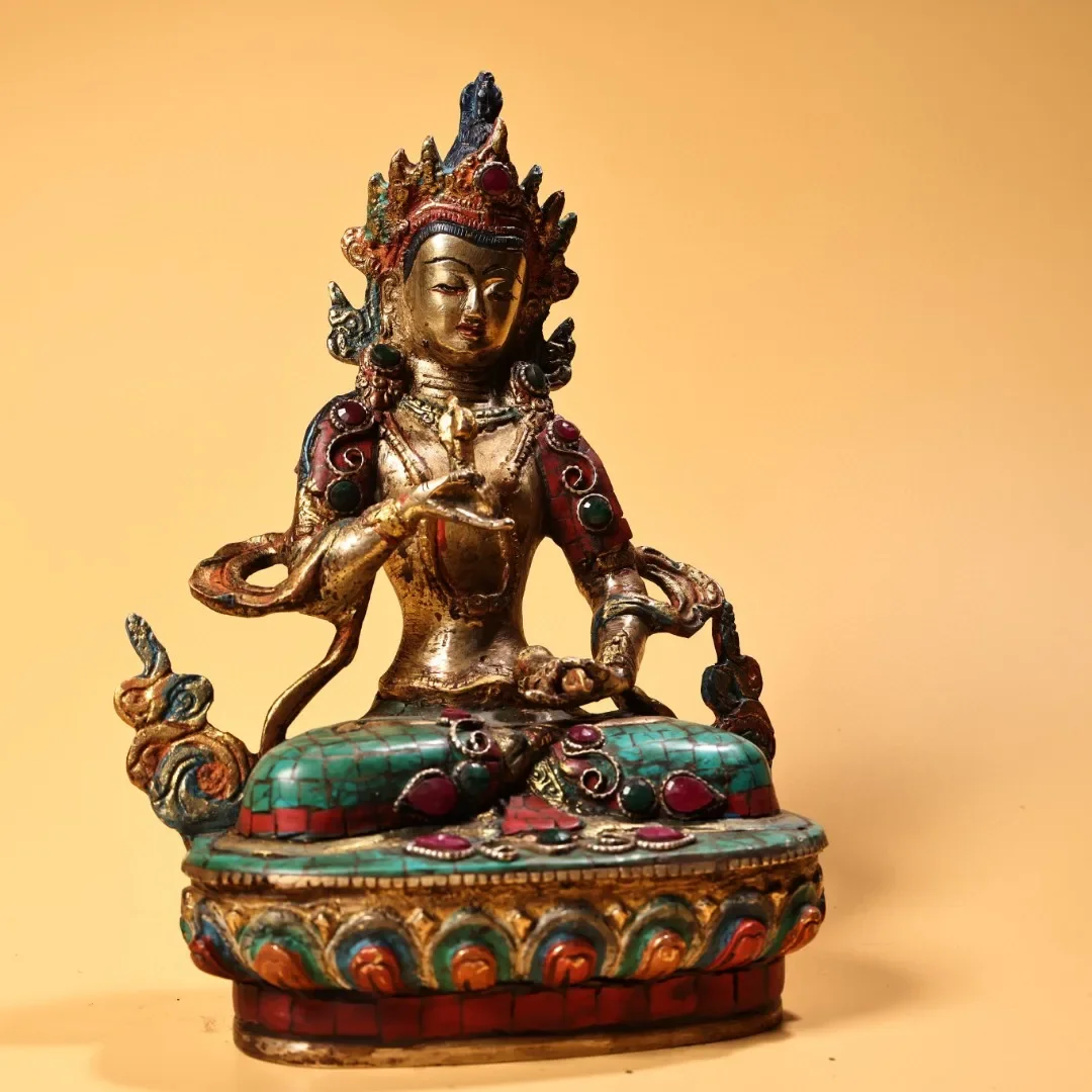 Tibetan brass gilt gemstone painted Gangsattang Guanyin Bodhisattva Tara ornament home Buddhist hall offering supplies 20 cm