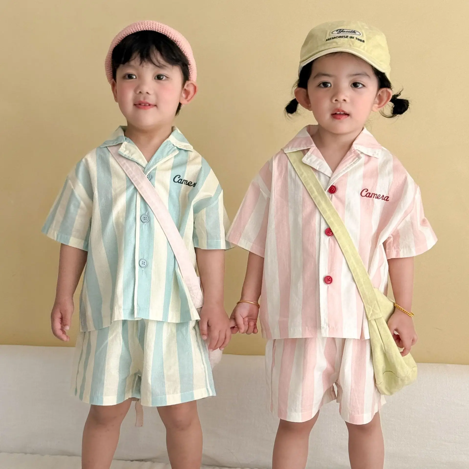 2026 Summer New Children Short Sleeve Pajamas Two-piece Set Boys Girls Lapel Shirts + Shorts 2pcs Suit Toddler Homewear Outfits