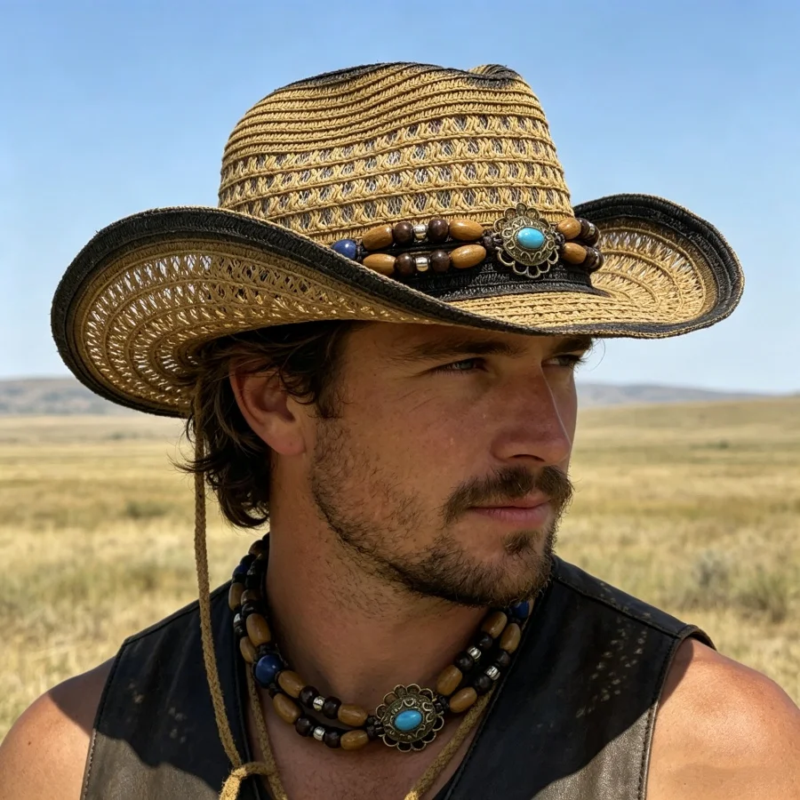 Summer Hollow-Out Breathable Sun Protection Straw Cowboy Hat, Unisex, Suitable for Outdoor Use on Grasslands and Beach Vacations, Breathable Wide-Brimmed Hat, Refreshing to Wear in Summer Without Causing Sweatiness