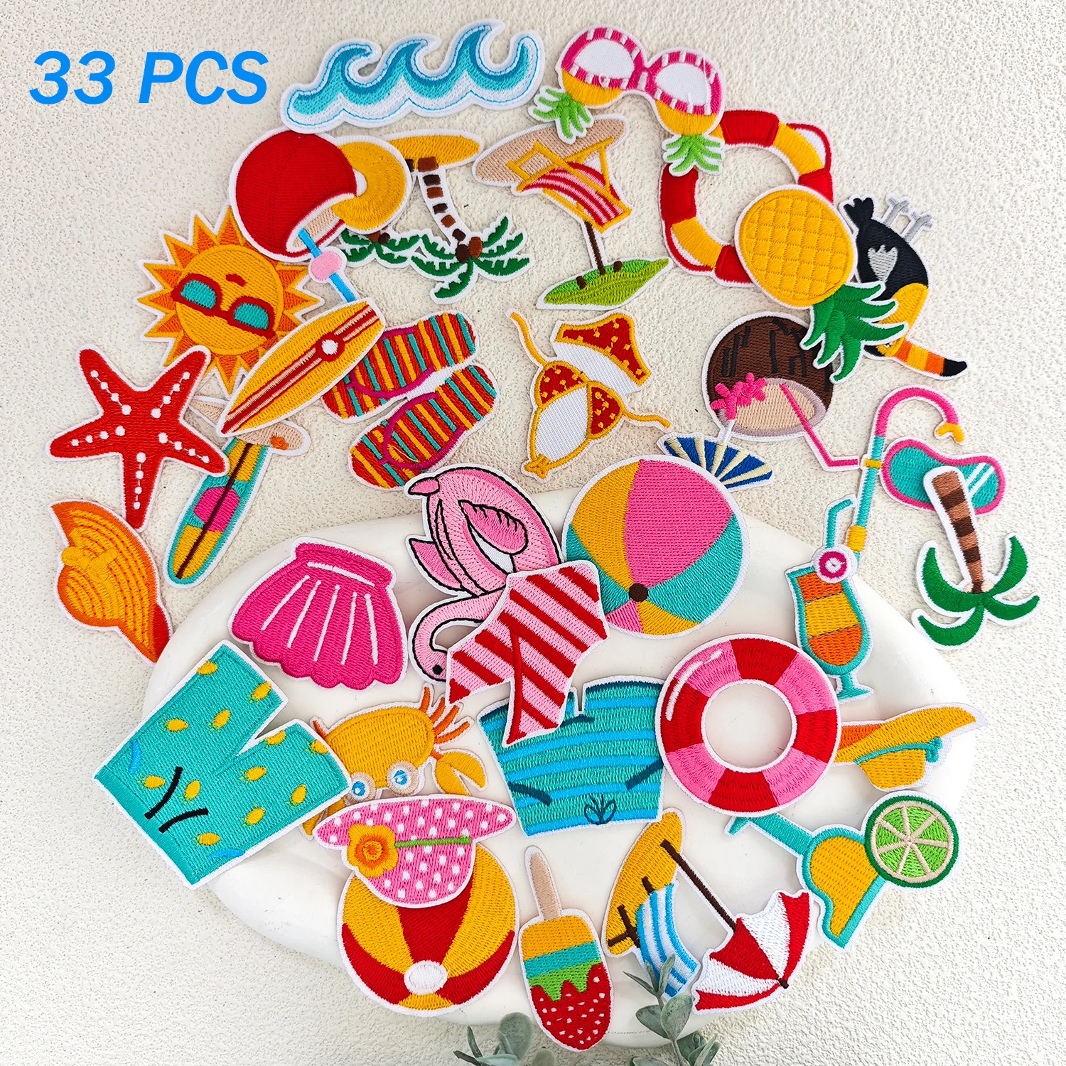 33 pièces été plage Vocation fer sur Patch brodé noix de coco beau chapeau et pantoufles de soleil lumineuses sur Appliques de plage
