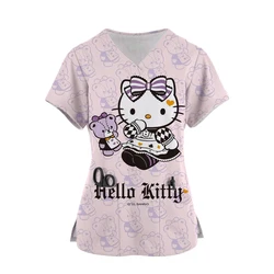 Sommer Cartoon T-Shirts Tasche Tops Uniform Hallo Kitty V-Ausschnitt Frau Kleidung Shirt Krankenhaus T-Shirt Top Frauen 2024 T-Shirts Frauen