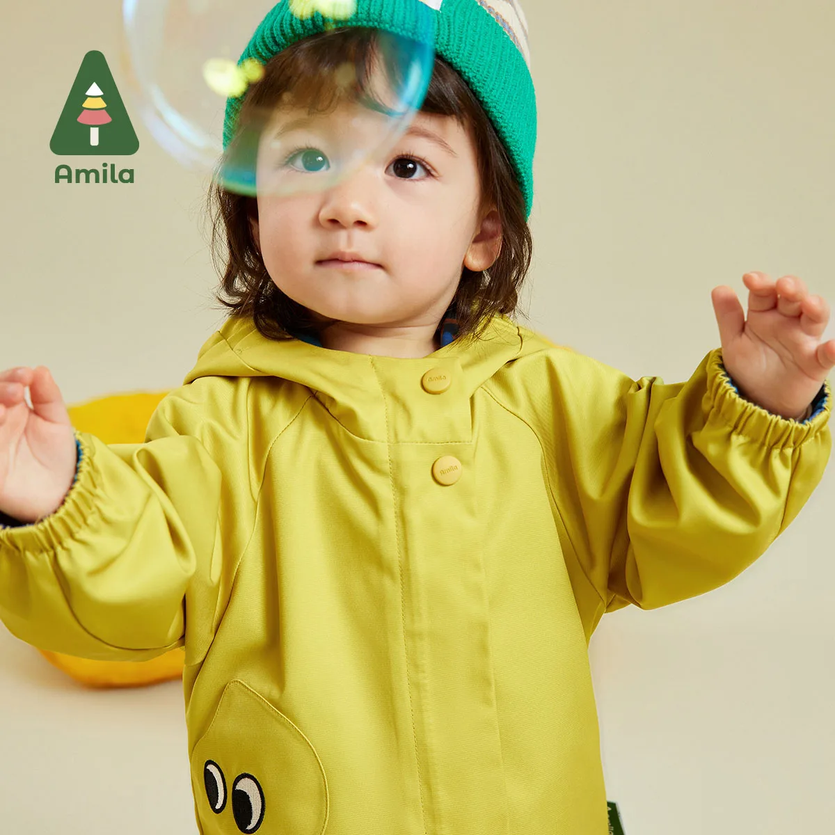 Amila Baby Jacket 2023 Autumn New  Theme Printing Rain Hat Brim Design Two Sided Dressing Girls Boys Cute Children Clothes