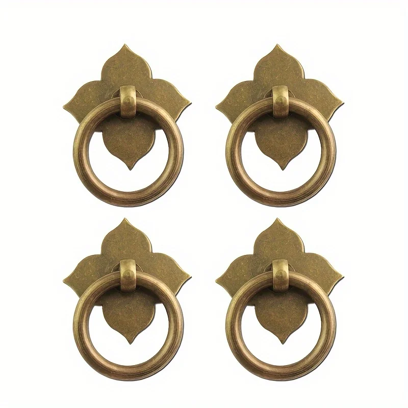 4Pcs Vintage Brass Clover Drawer Pulls, Flower Base Ring Knobs for Cabinet & Dresser