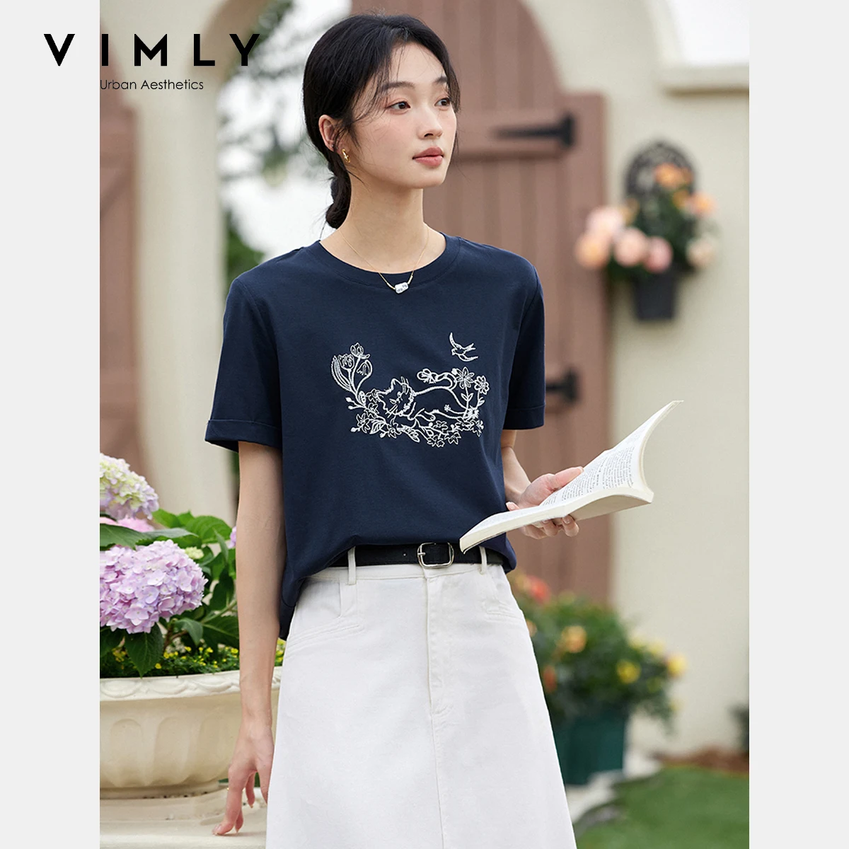 

VIMLY Navy Blue T-shirt Women's 2025 Summer Casual Round Neck Knitted Fun Cute Pet Embroidered Woman Short Sleeve Tops A1506